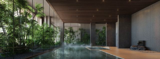 The indoor pool at Sei Saadiyat, with planting along the glazing.