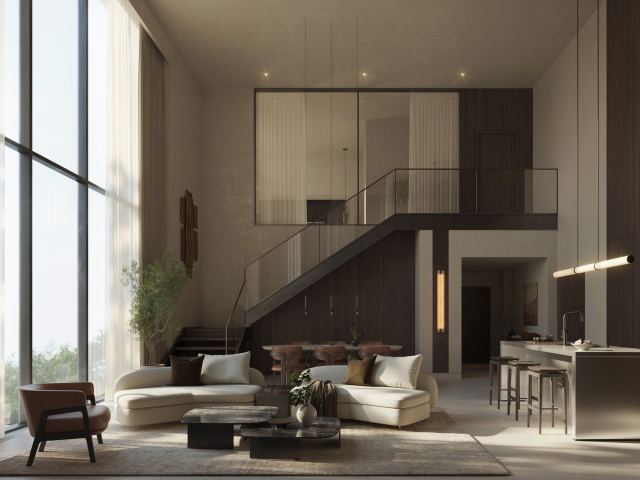 The double-height living space of a Kanso Loft at Sei Saadiyat.