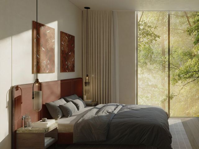 A bedroom at Sei Saadiyat looking onto the landscaped gardens.
