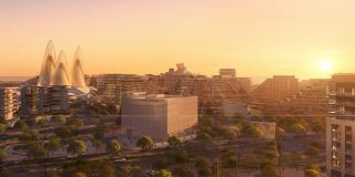 The view from Sei Saadiyat towards Saadiyat Cultural District at sunset.