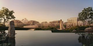 The Serenity Pool in the Zen Garden at Sei Saadiyat at dusk.