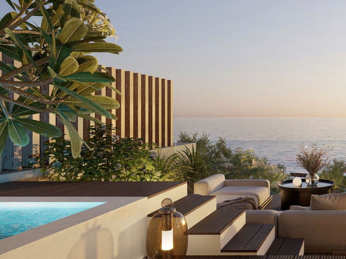 The private rooftop pool and lounge terrace of a podium chalet at Soulever.