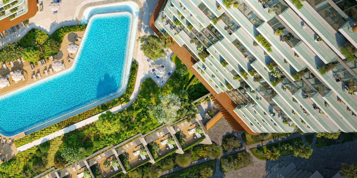 The podium pool and gardens at Soulever seen from above.