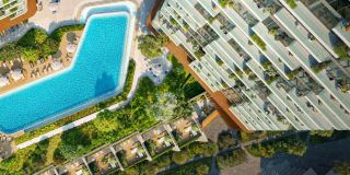 The podium pool and gardens at Soulever seen from above.