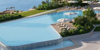 The podium pool deck at Soulever, looking out to the Arabian Gulf.