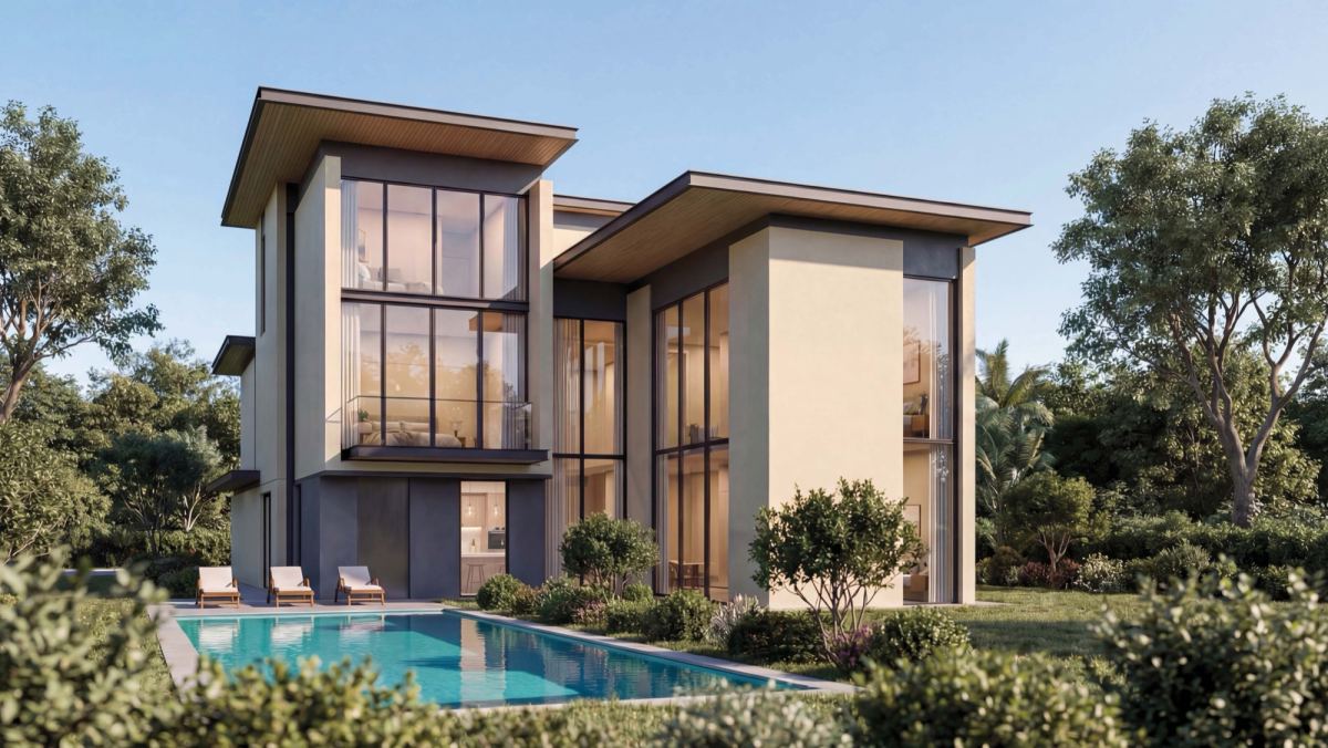 Four-bedroom estate villa at The Orchard, Sobha City Abu Dhabi, with private pool, backyard and floor-to-ceiling glazing.