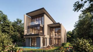 Estate villa exterior at The Orchard, Sobha City Abu Dhabi, set among mature landscaping.