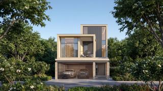 Two-storey villa with covered parking and garden frontage at Sobha City Abu Dhabi.