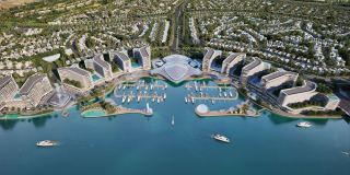 The Sobha City Abu Dhabi master plan from the air, with the marina, the canal and the waterfront residences.
