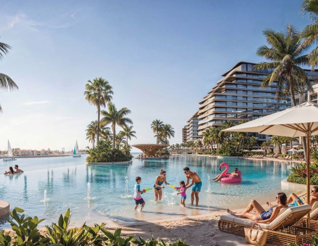 Families at the beach club pool within Sobha City Abu Dhabi.