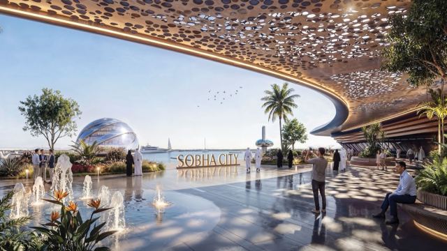 Central plaza and community pavilion at Sobha City Abu Dhabi.