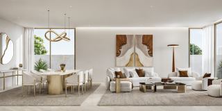 The formal living and dining room in a Talay villa.