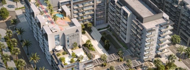 Aerial view of the pool deck on the podium at Vida Residences Saadiyat Island