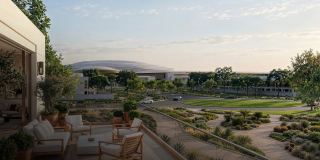 A terrace at Wadeem Gardens by Modon looking across Hudayriyat Island towards the arena.