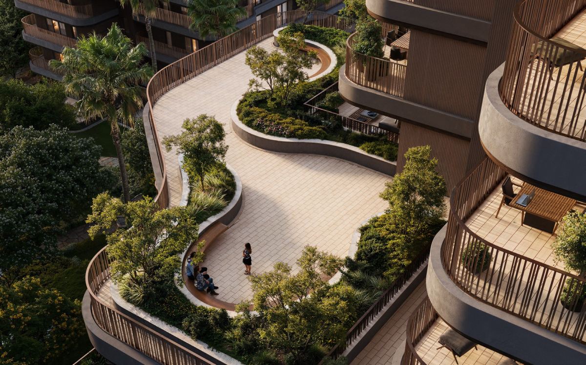 Planted terraces stepping down the buildings at The Wilds Residences.