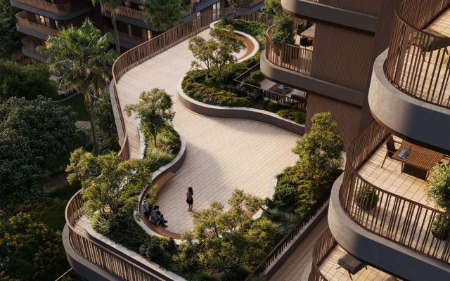Planted terraces stepping down the buildings at The Wilds Residences.