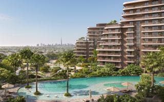 The Wilds Residences behind the swimming lagoon and palms.