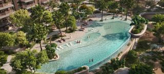 The swimming lagoon at The Wilds seen from above.