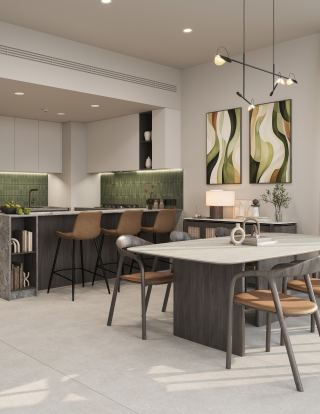 Kitchen and dining space in a home at The Wilds Residences.