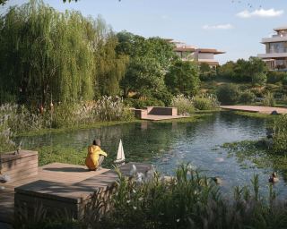 A natural pool and planted banks at The Wilds, with houses beyond.