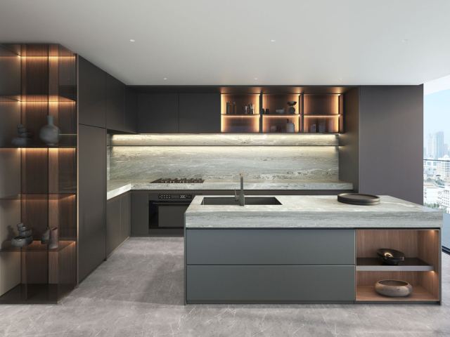 Kitchen in a two bedroom home at W Residences, with its appliances fitted.