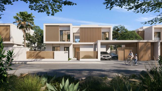 Front of a four-bedroom inland villa at Yas Riva Reserve
