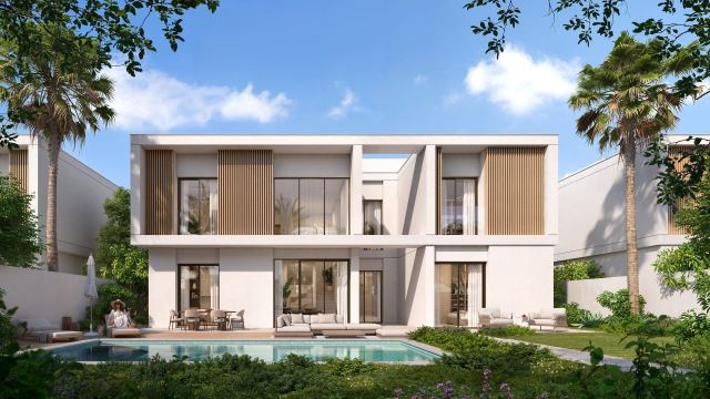 Rear garden and private pool of a five-bedroom inland villa at Yas Riva Reserve