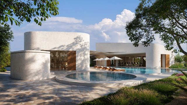 Clubhouse swimming pool and sun deck at Yas Riva Reserve