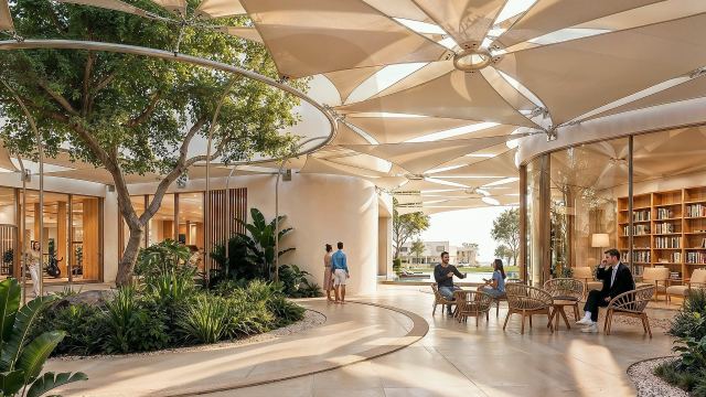 Shaded courtyard inside the Yas Riva Reserve clubhouse