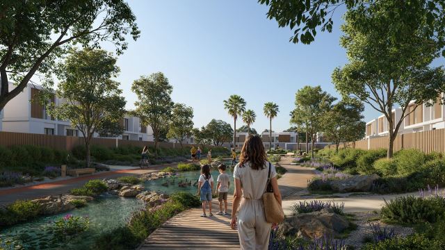 Linear park with a water feature between villas at Yas Riva Reserve