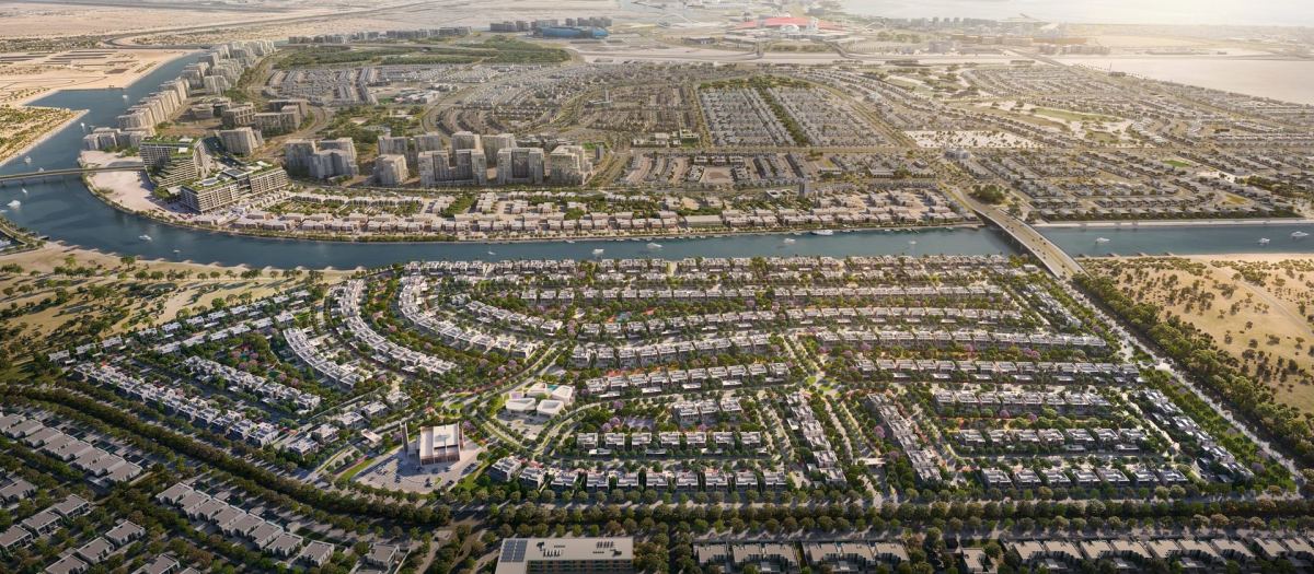 Aerial view of the Yas Riva Reserve villa community beside the canal on Yas Island